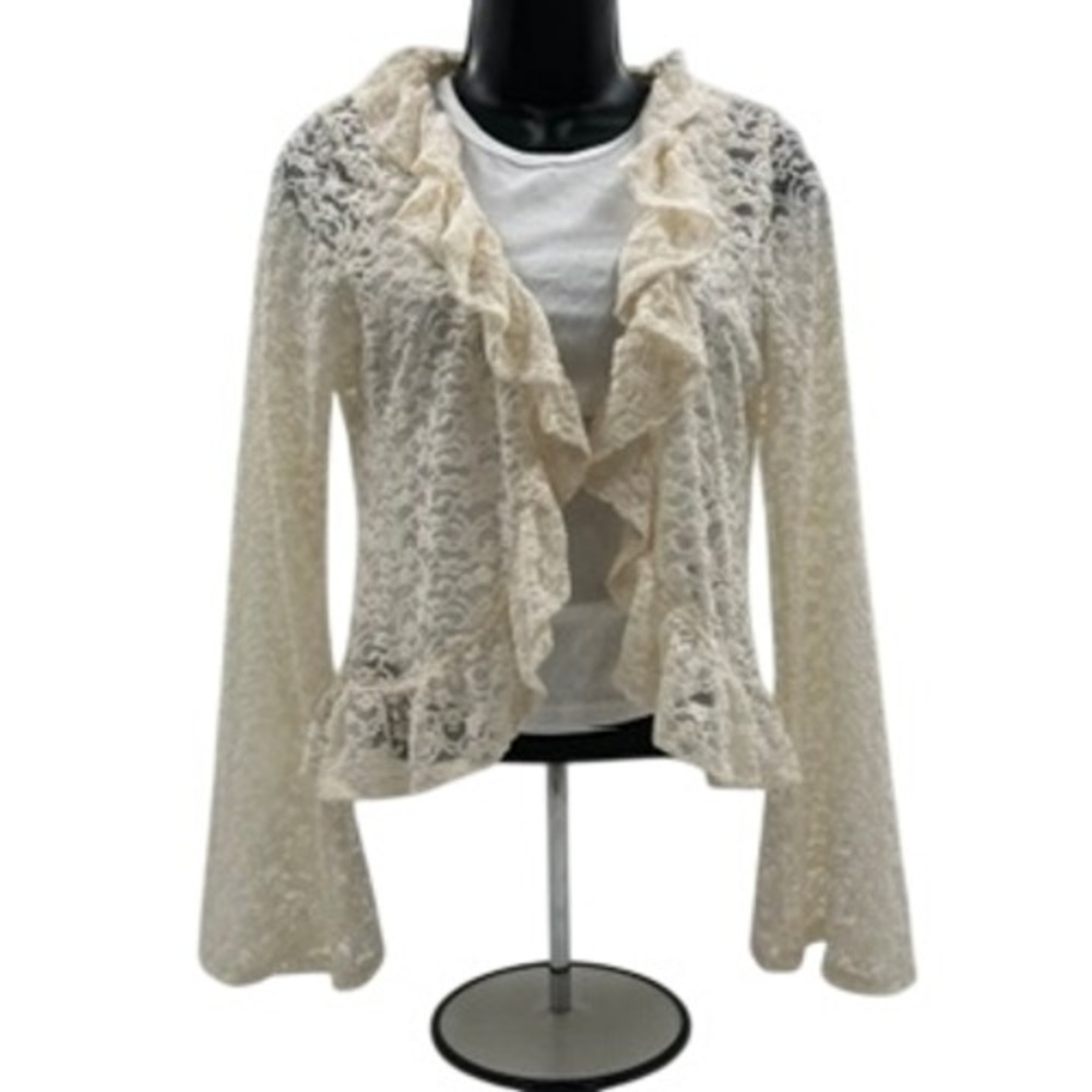 Wild Fable Cream Floral Lace Ruffle Bell Sleeve Cardigan Open Front Size S NEW